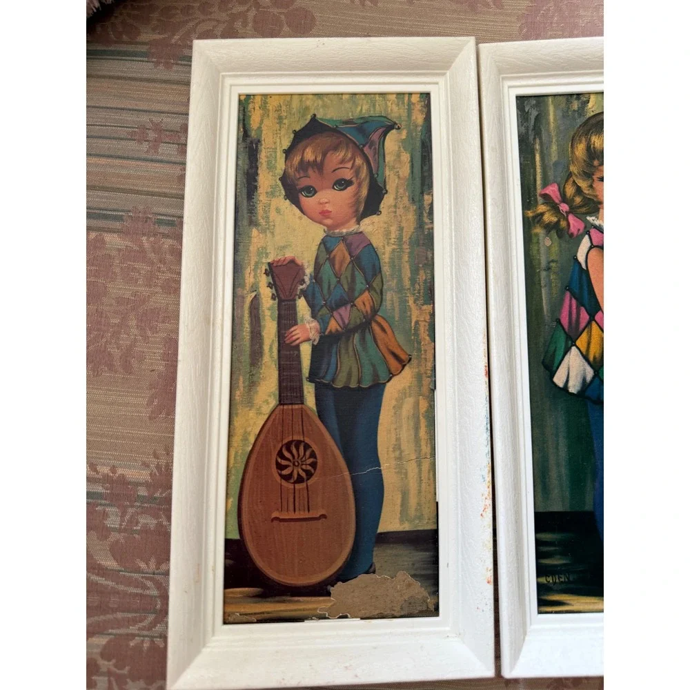 Vintage Big Eye Art Kids Harlequin Prints Set Distressed Mid Century